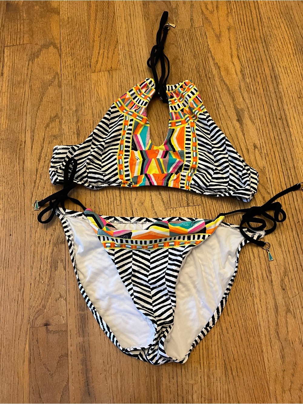 Trina Turk Black and Multicolor Striped Halter Bikini